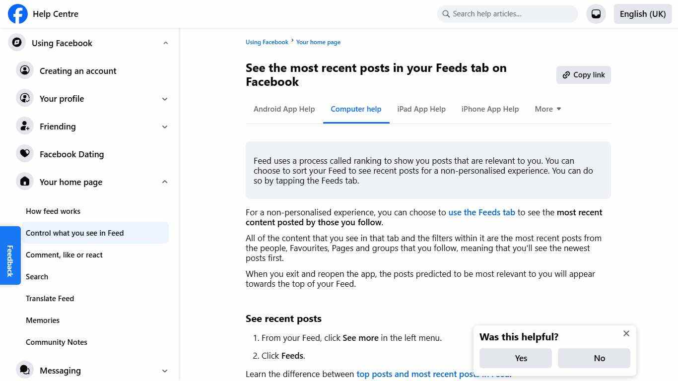 See the most recent posts in your Feeds tab on Facebook Facebook Help Centre