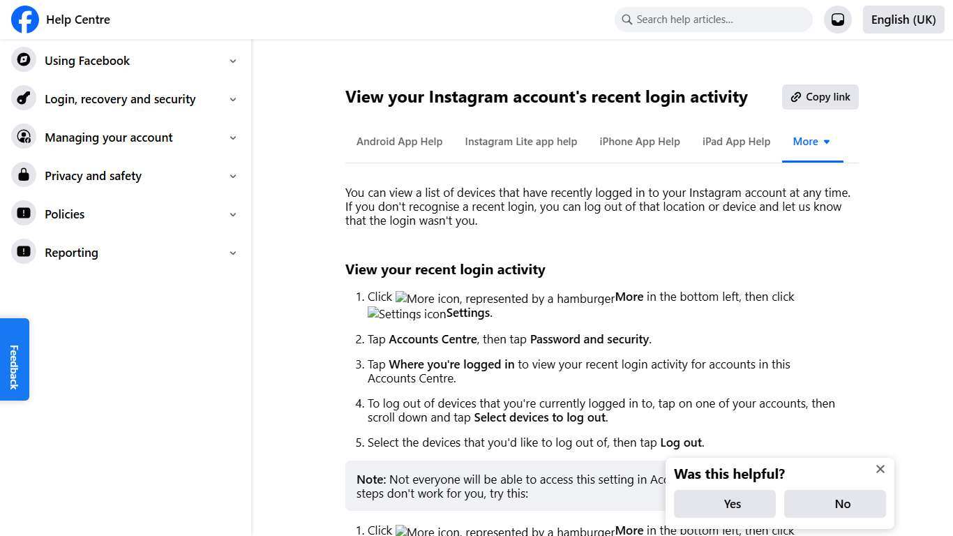 View your Instagram account's recent login activity Facebook Help Centre