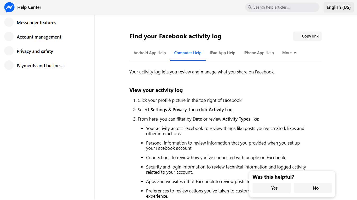 Find your Facebook activity log Messenger Help Center