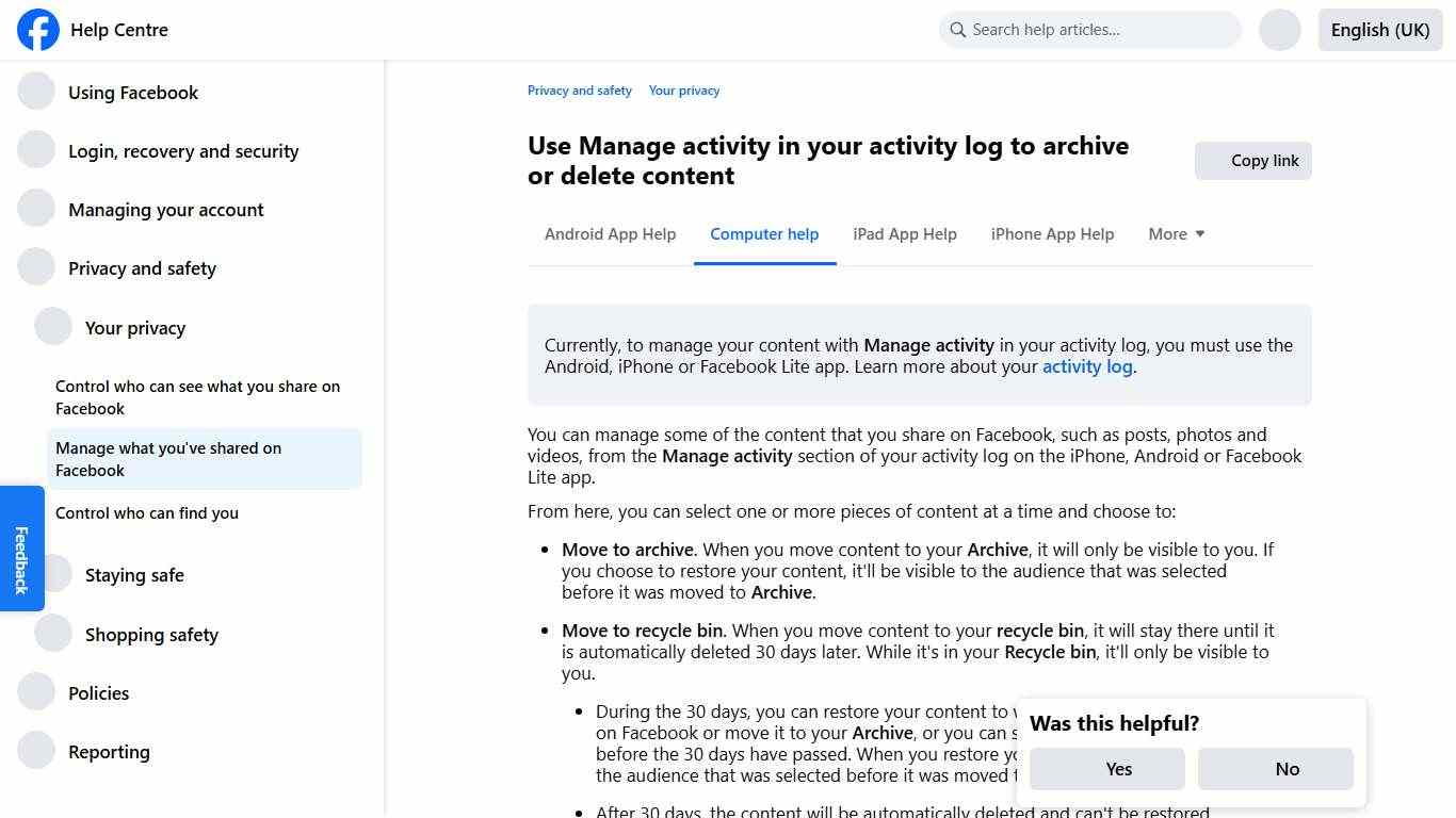 Use Manage activity in your activity log to archive or delete content Facebook Help Centre